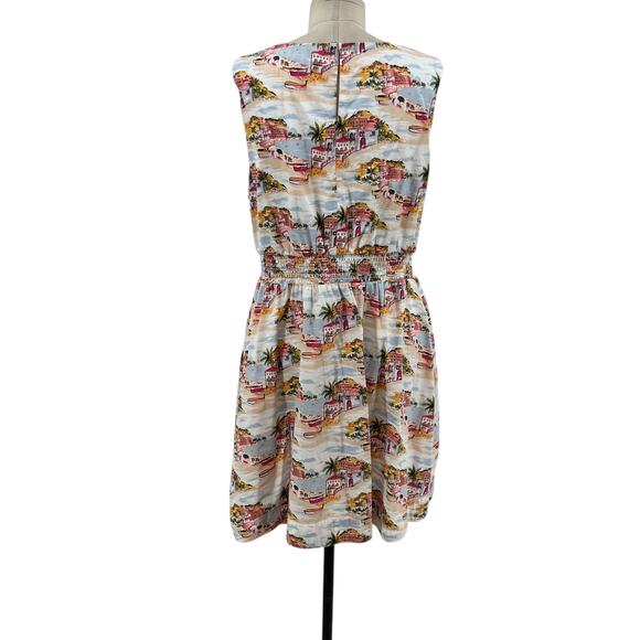 Boden Smocked Waist Mini Dress Paradise Bay Beach Print White Size US 12R - Picture 9 of 13